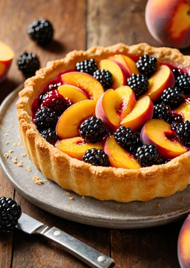 Sliced peach blackberry tart on a white ceramic plate with a scoop of ice cream.