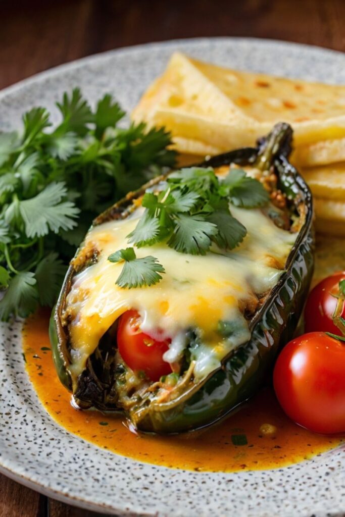 Chiles Relleno: Delight in this flavorful dish of stuffed poblano peppers, filled with cheese and topped with zesty salsa, perfect for any meal!