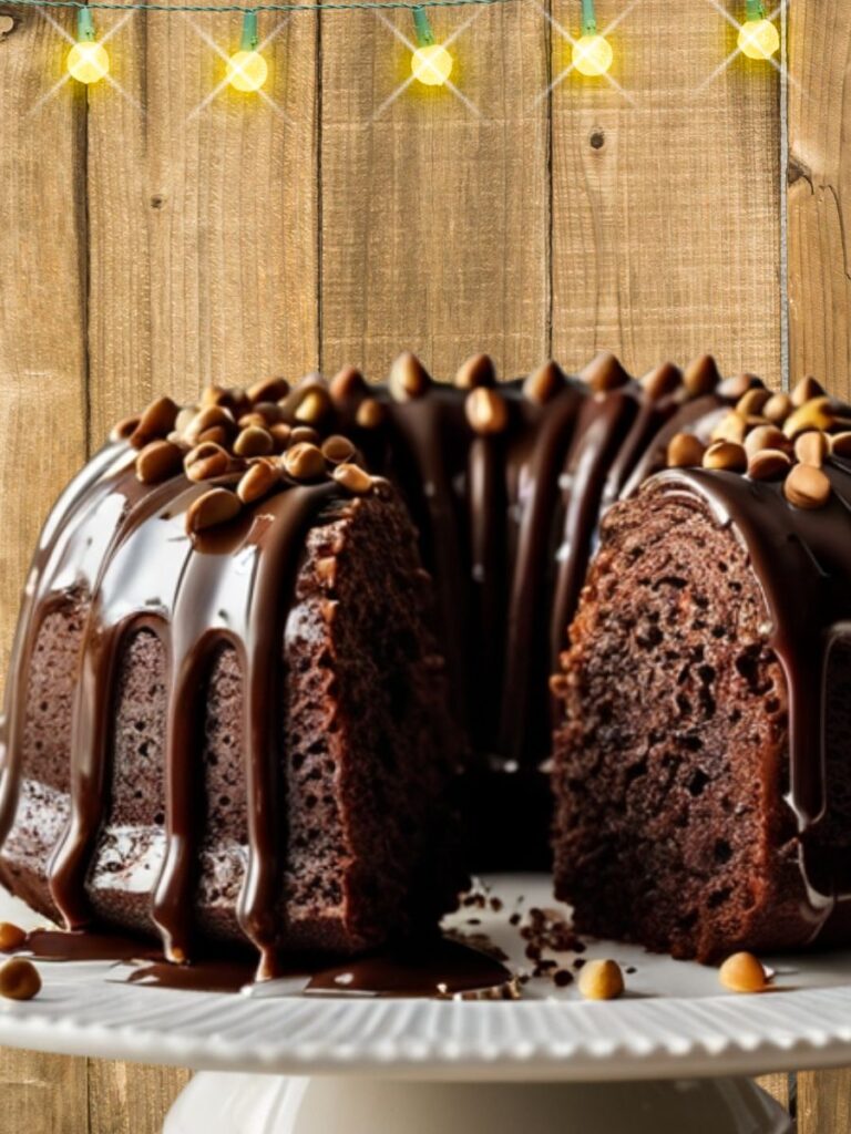 Rich chocolate Bundt cake with glossy glaze.