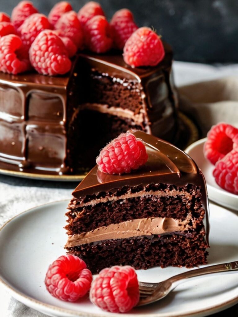 Chocolate Raspberry Cake topped with ganache and fresh raspberries.
