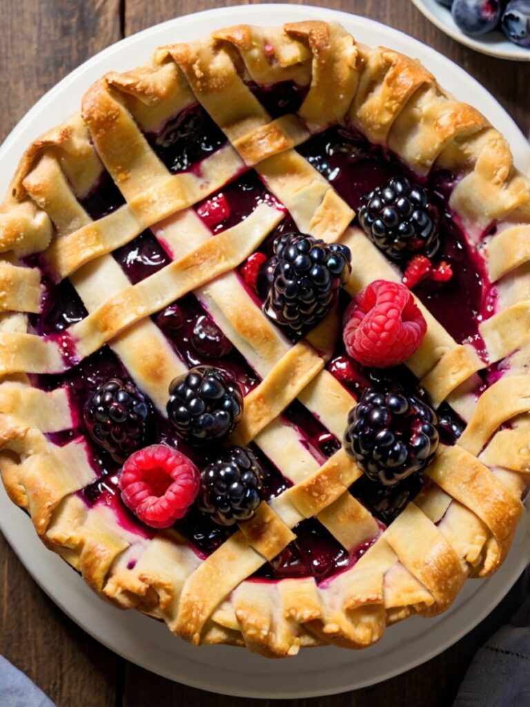 Triple berry pie with golden lattice crust and vibrant berry filling.