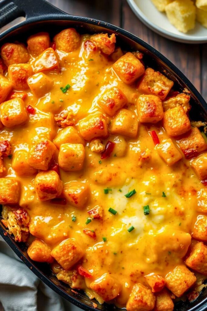 Chicken Tater Tot Casserole with crispy tots, melted cheese, and creamy chicken.