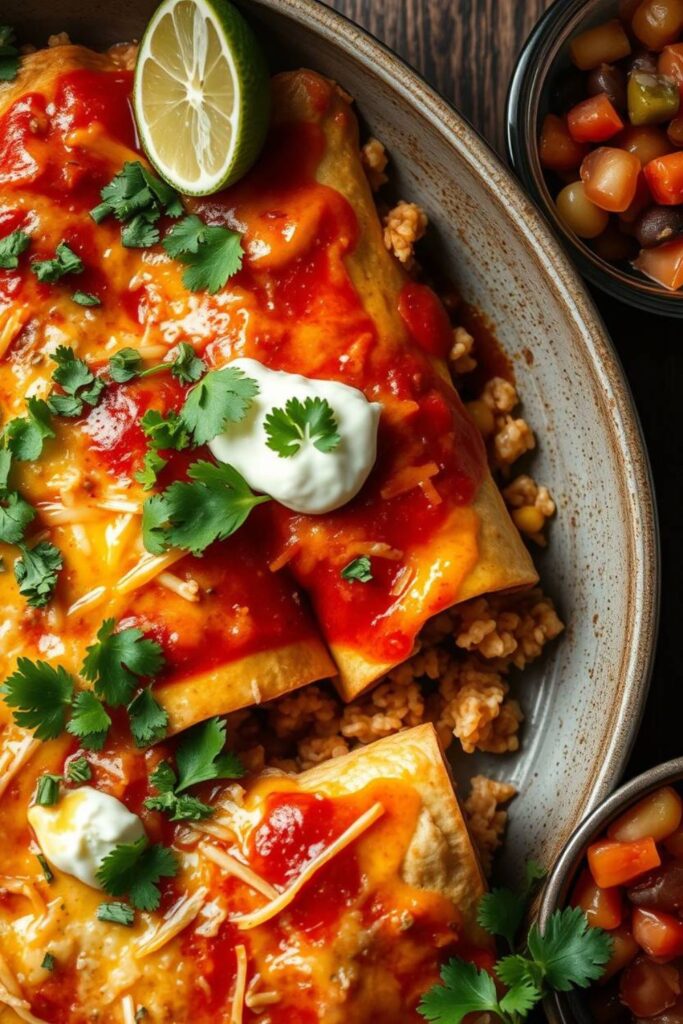 Cheesy chicken and rice enchiladas topped with cilantro and sauce.
