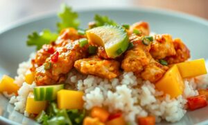 Chili Crisp Chicken Mango Cucumber Rice Bowl