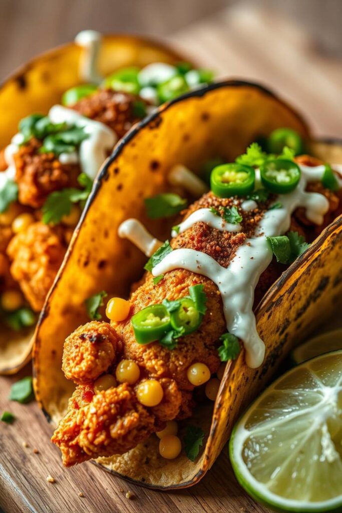 Fried Chicken Street Corn Tacos with Jalapeño Lime Ranch