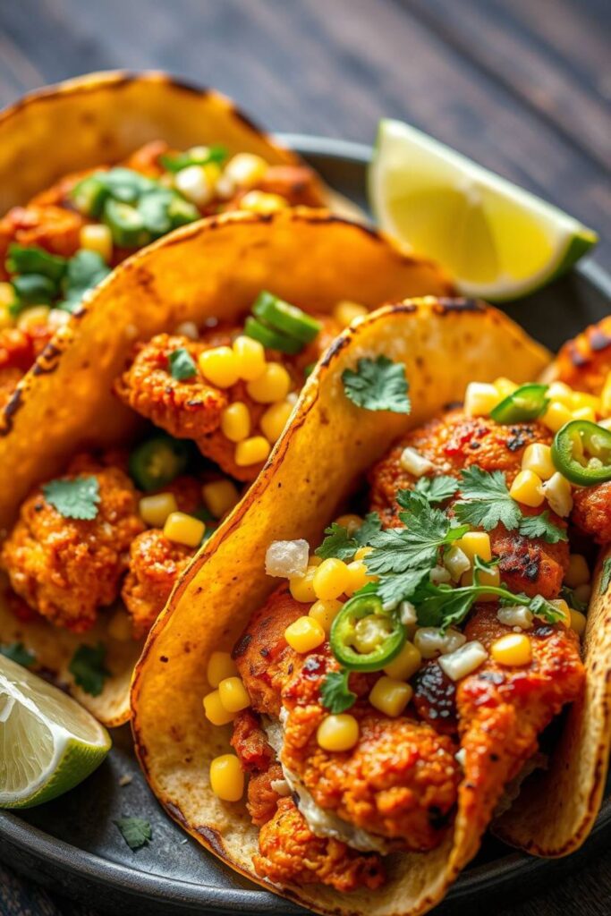 Fried Chicken Street Corn Tacos with Jalapeño Lime Ranch
