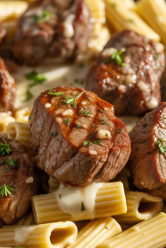 Garlic Butter Steak Tips with Cheesy Rigatoni