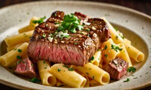 Garlic Butter Steak Tips with Cheesy Rigatoni