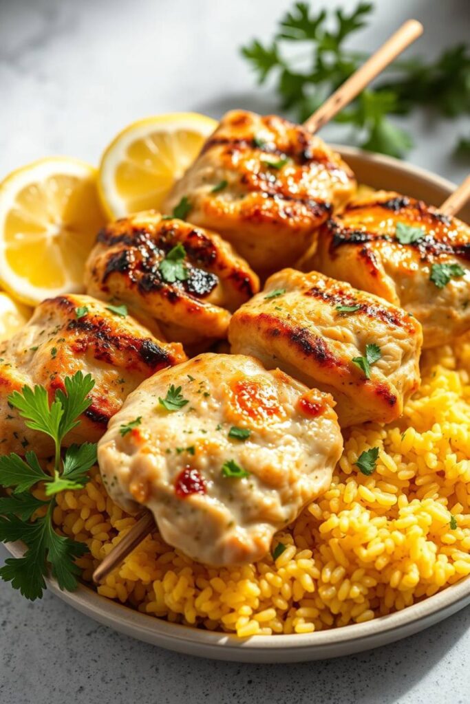 Greek Chicken Skewers with Lemon Rice