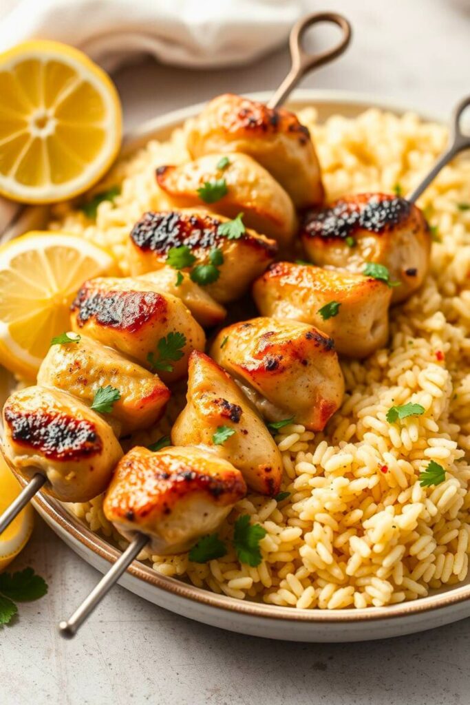Greek Chicken Skewers with Lemon Rice
