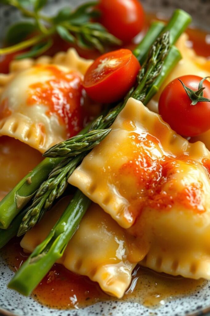 Ravioli with Tomatoes Asparagus Garlic and Herbs