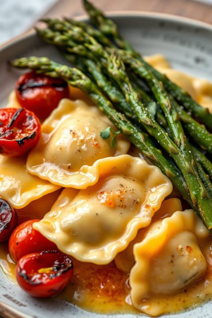 Ravioli with Tomatoes Asparagus Garlic and Herbs