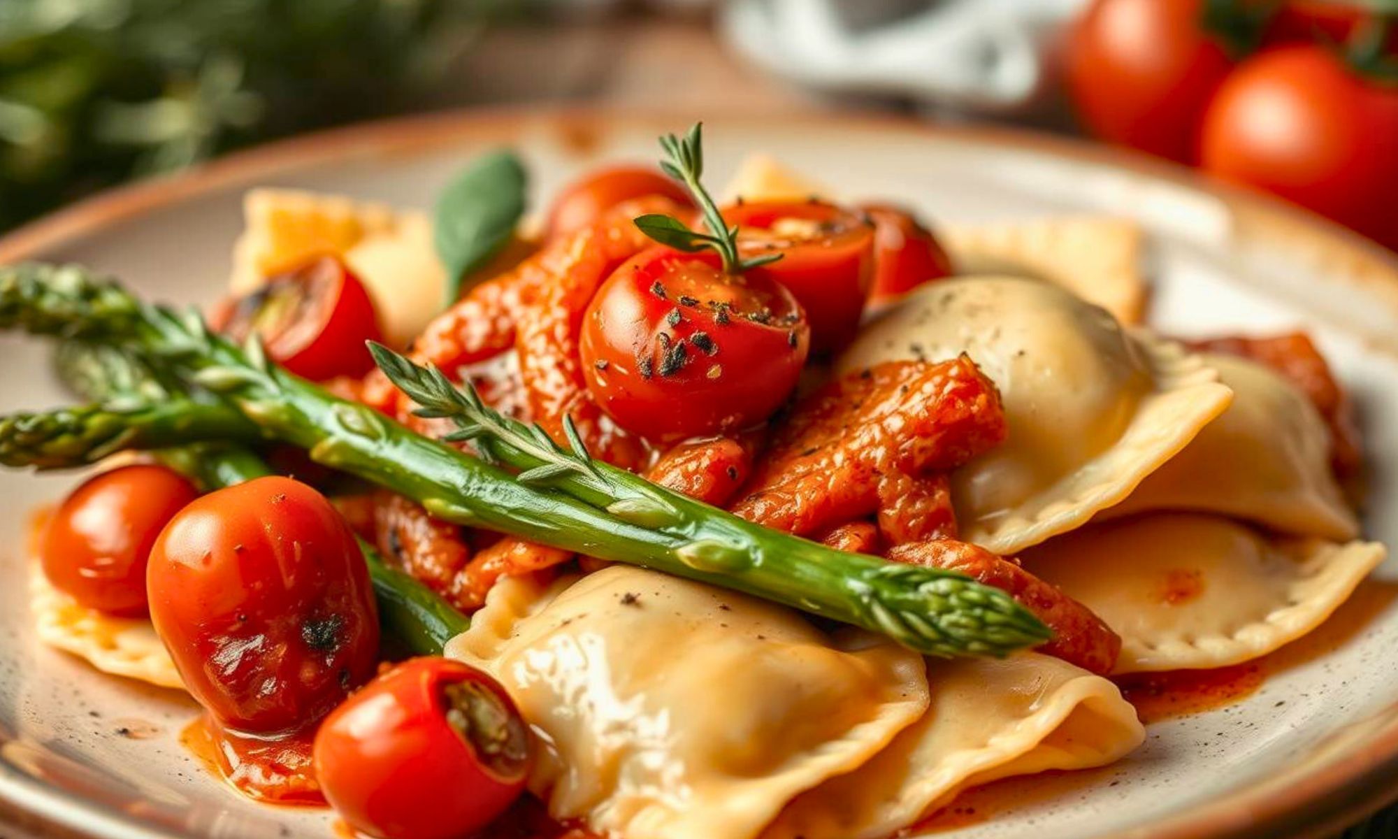 Ravioli with Tomatoes Asparagus Garlic and Herbs