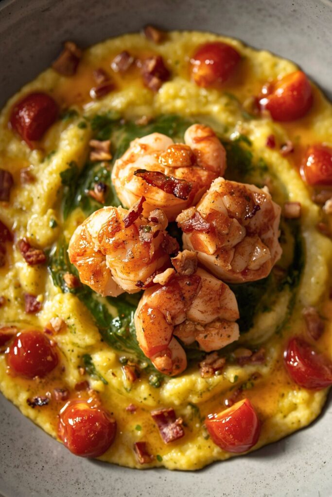Brown Butter Lobster with Kale Pesto Polenta and Cherry Tomato Bacon Pan Sauce