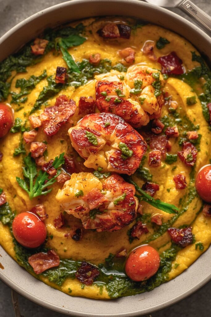 Brown Butter Lobster with Kale Pesto Polenta and Cherry Tomato Bacon Pan Sauce