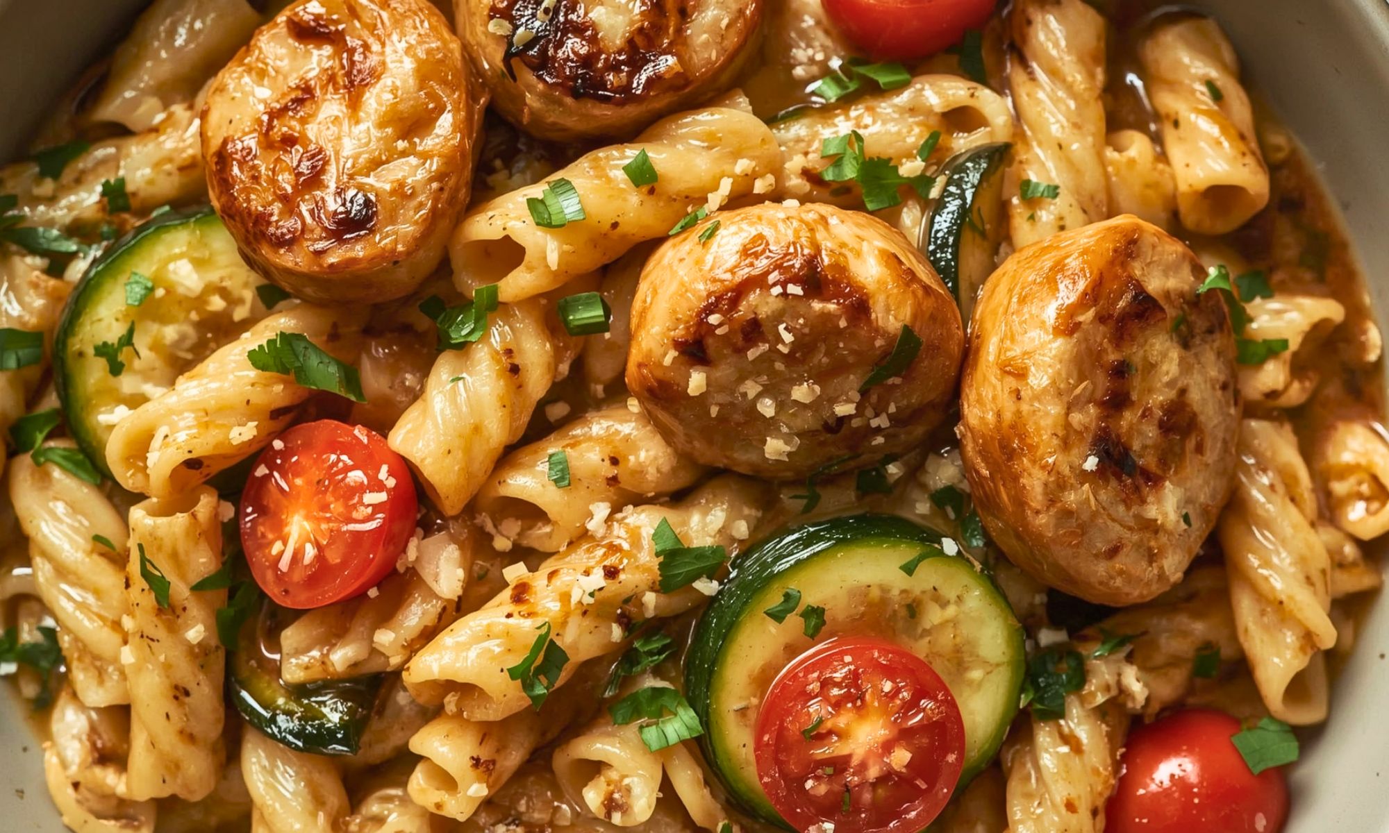 Chicken Sausages with Zucchini, Tomatoes, and Pasta