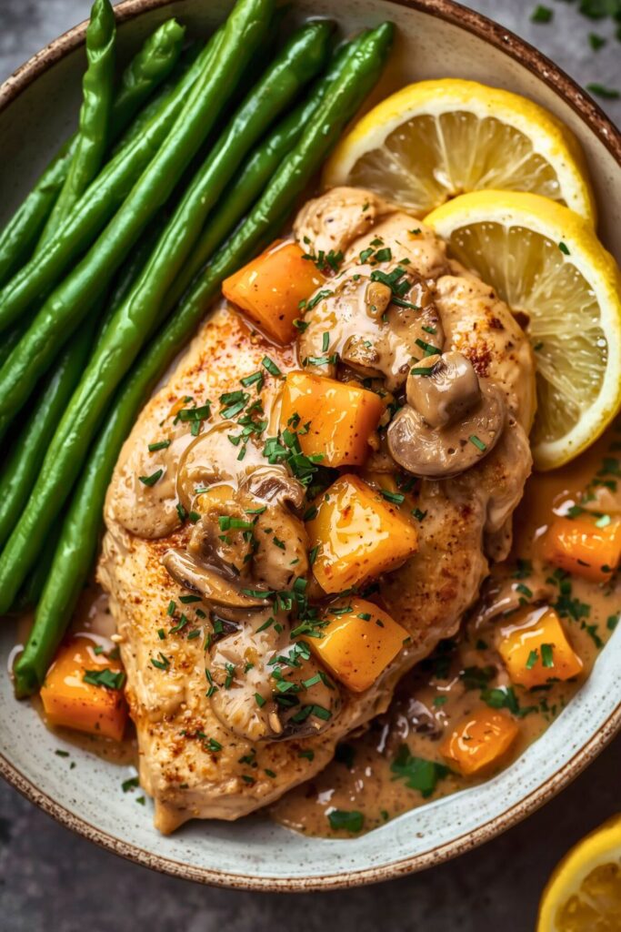 Chicken in Butternut Squash Mushroom Cream Sauce