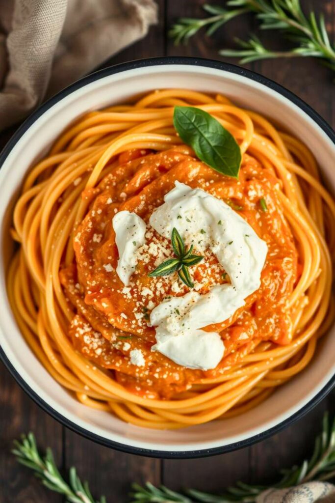 Creamy Red Pepper Pasta with Burrata and Herbs