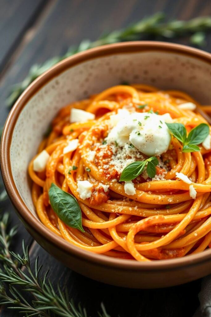 Creamy Red Pepper Pasta with Burrata & Herbs