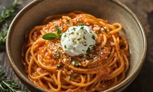 Creamy Red Pepper Pasta with Burrata & Herbs