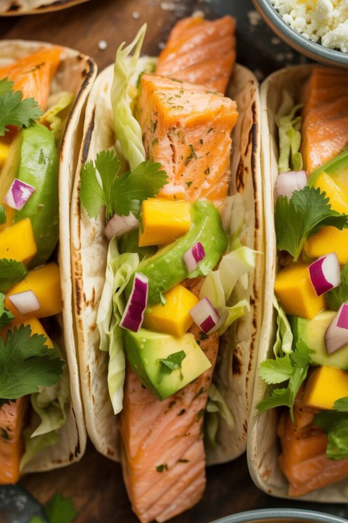 Crispy BBQ Salmon Tacos With Avocado Mango Salsa and Jalapeño