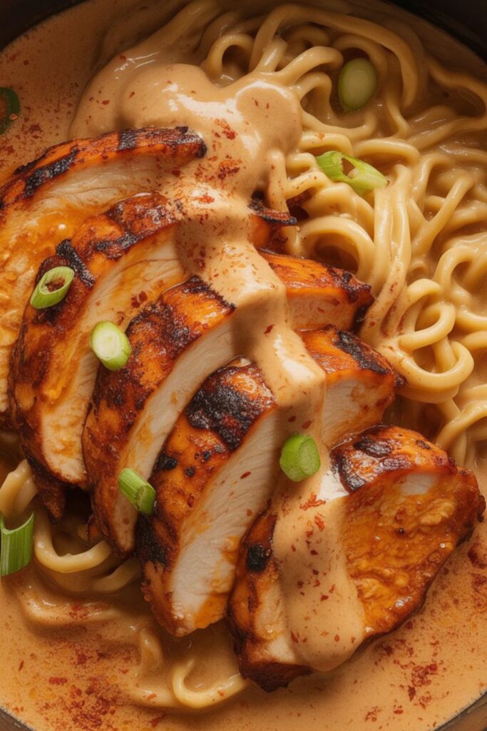 Fiery Chicken Ramen With Creamy Garlic Sauce