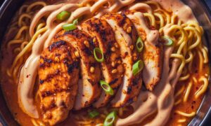Fiery Chicken Ramen With Creamy Garlic Sauce