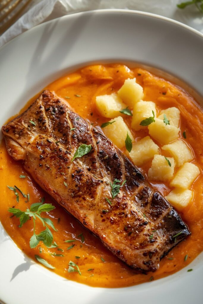 Glazed Trout with Carrot Puree and Spaetzle
