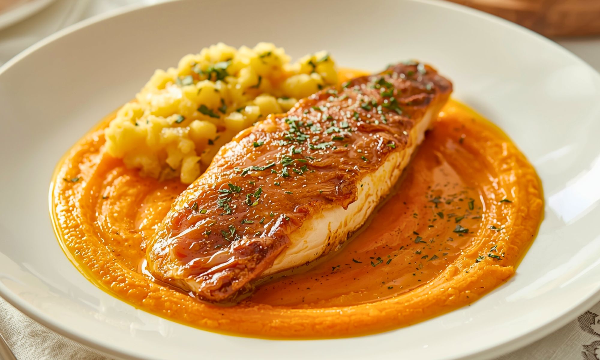 Glazed Trout with Carrot Puree and Spaetzle
