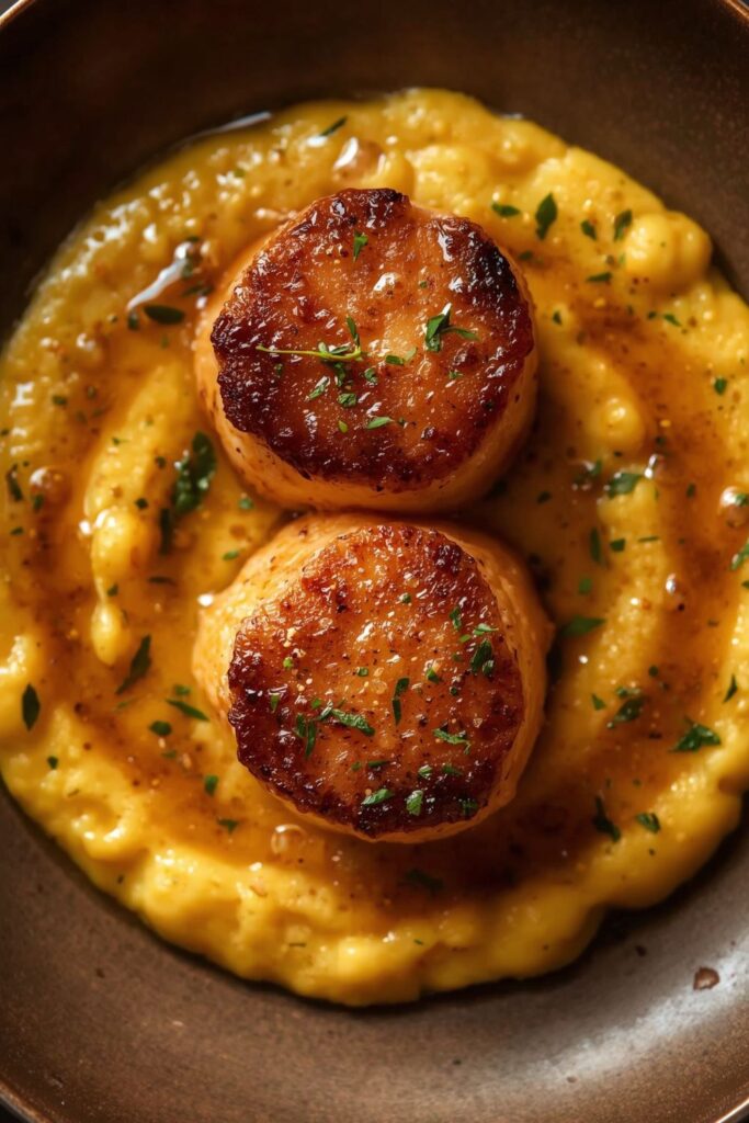 Honey Butter Blackened Scallops With Herby Polenta