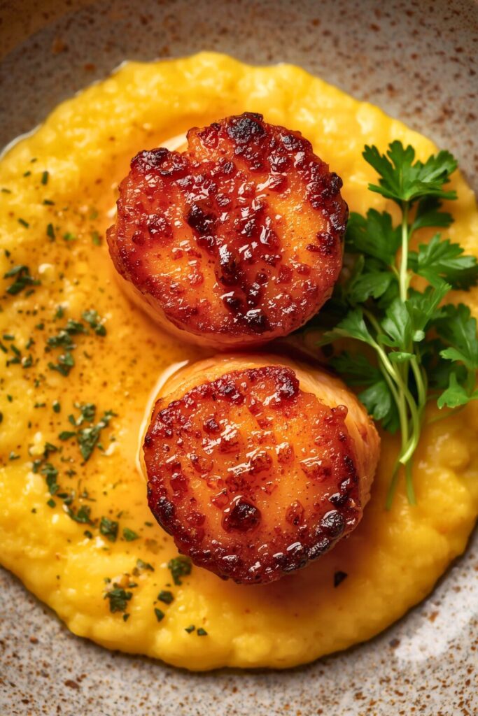 Honey Butter Blackened Scallops With Herby Polenta
