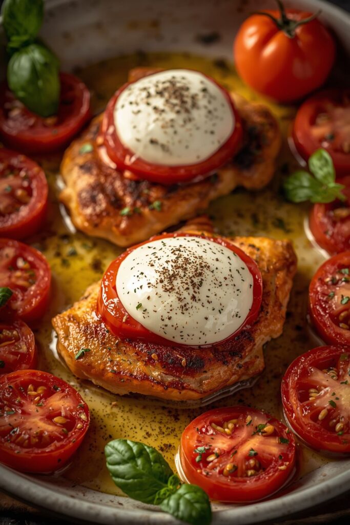Italian Basil Chicken Cutlets with Tomato and Burrata Topping
