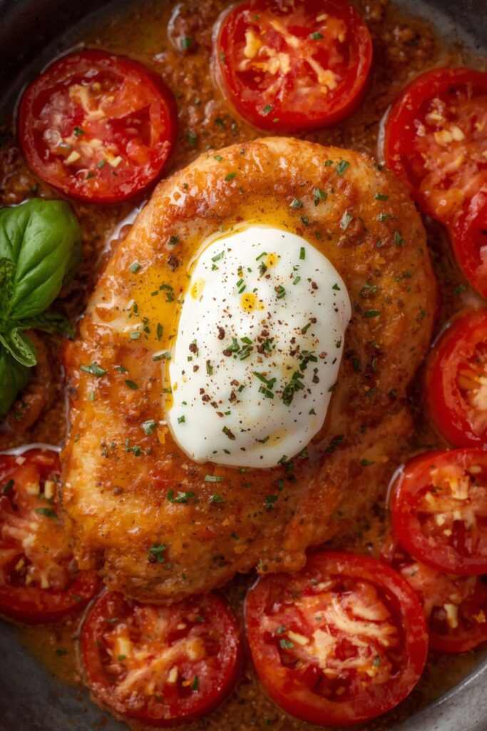 Italian Basil Chicken Cutlets with Tomato and Burrata Topping