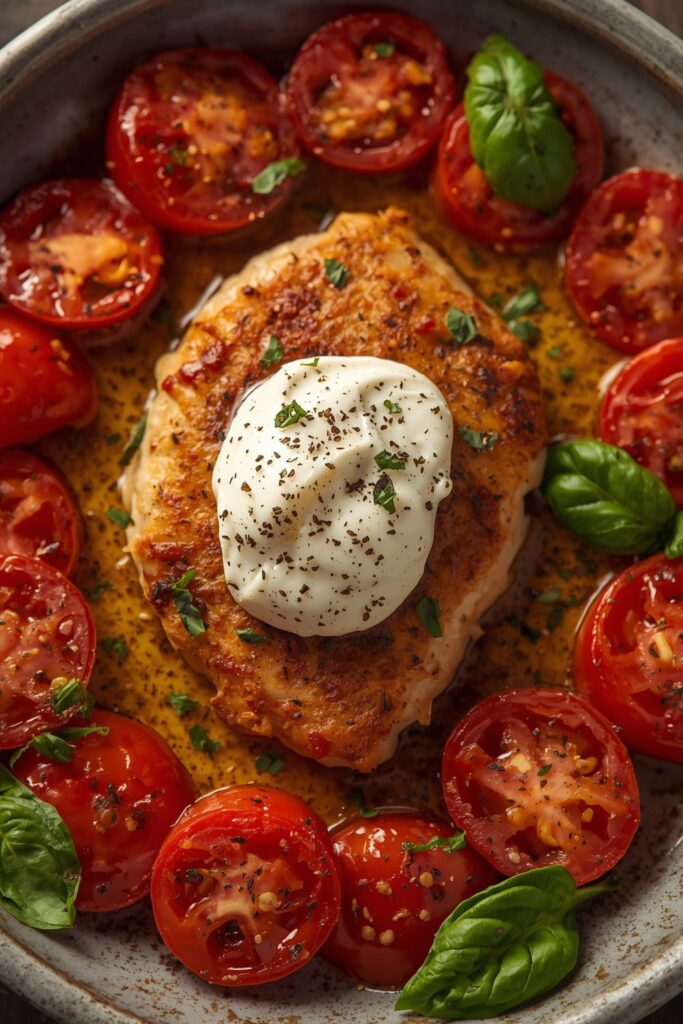 Italian Basil Chicken Cutlets with Tomato and Burrata Topping