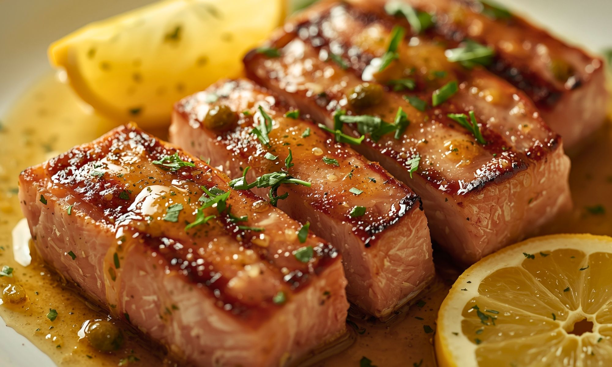 Seared tuna steaks topped with lemon caper and parsley butter, served golden-crusted with a tender pink center on a rustic plate
