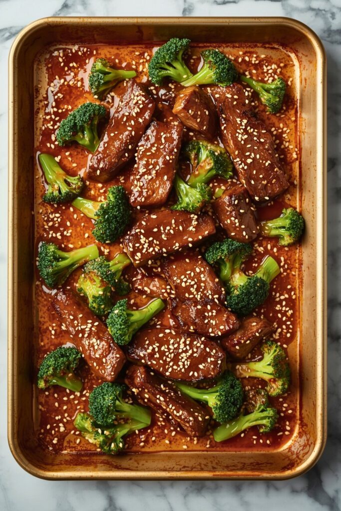 Savory Sheet Pan Spicy Ginger Sesame Beef and Broccoli