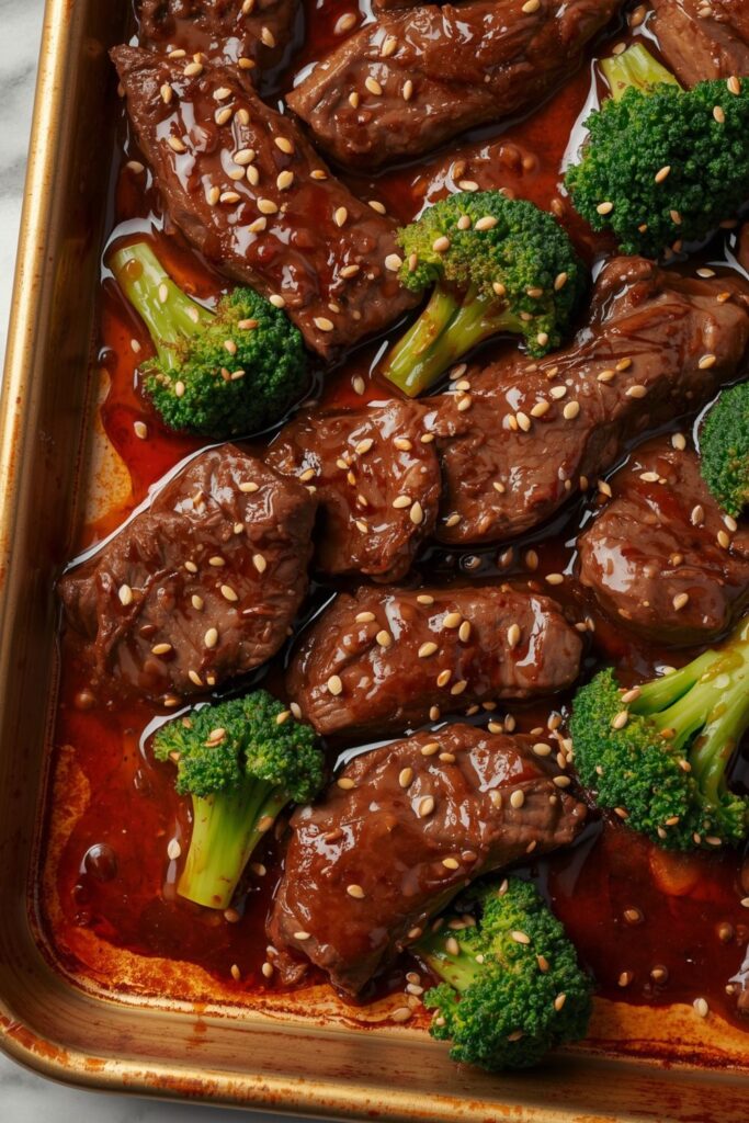 Savory Sheet Pan Spicy Ginger Sesame Beef and Broccoli