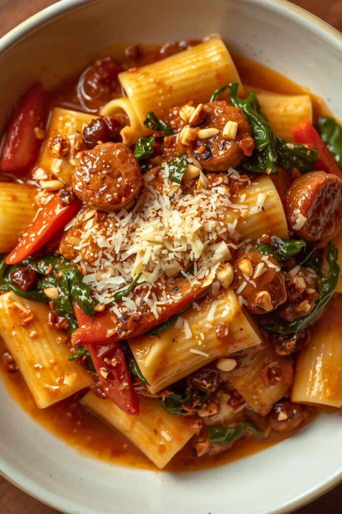 Spicy Paccheri With Sausage Greens