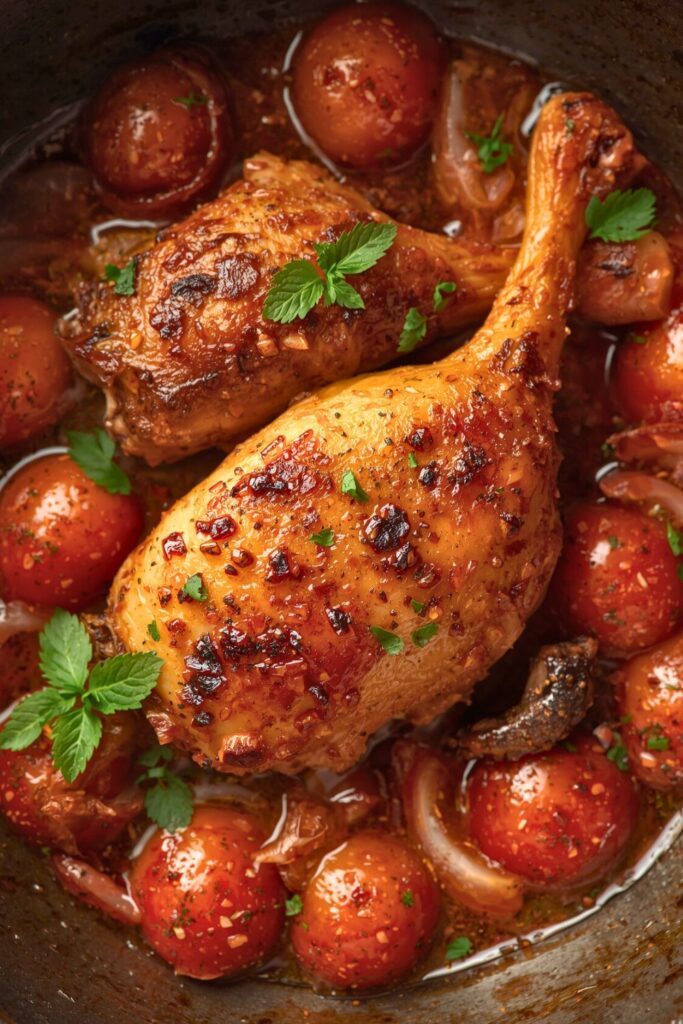 Spicy Vinegar Chicken Over Tomatoes