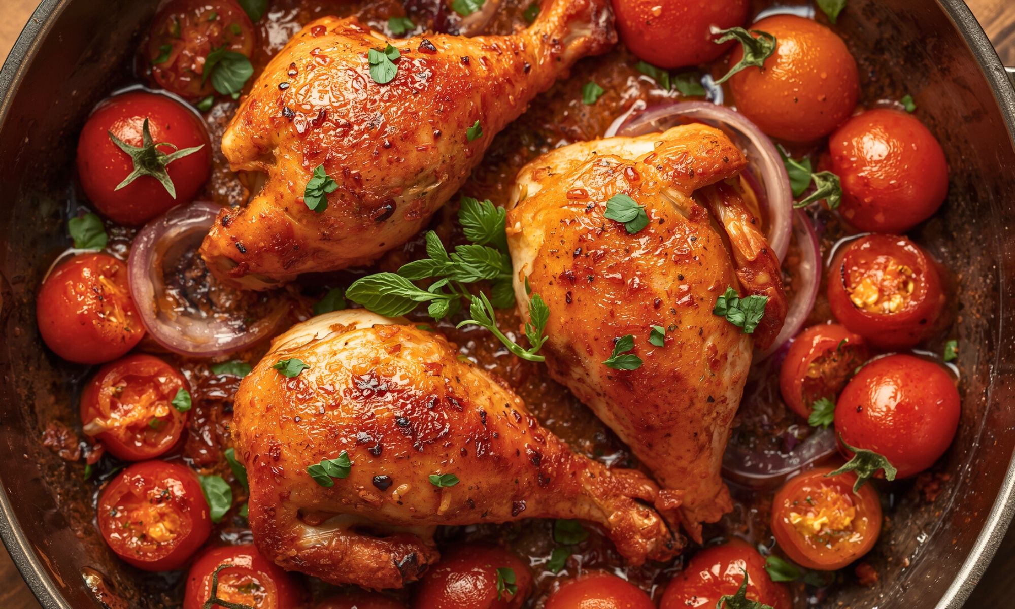 Spicy Vinegar Chicken Over Tomatoes