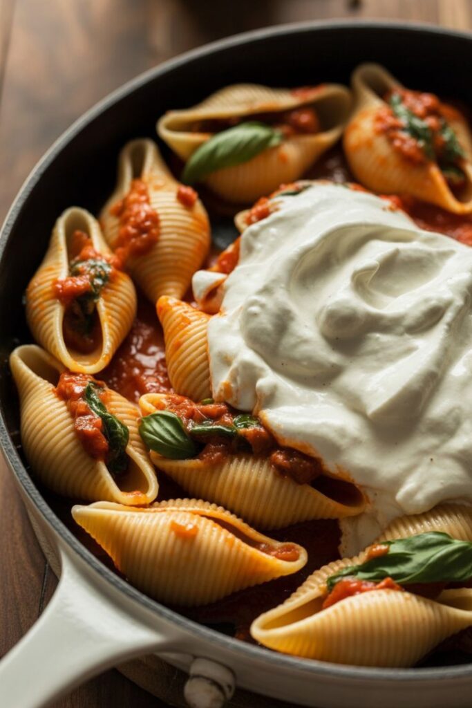 Unstuffed Spicy Tomato Basil Shells with Whipped Ricotta