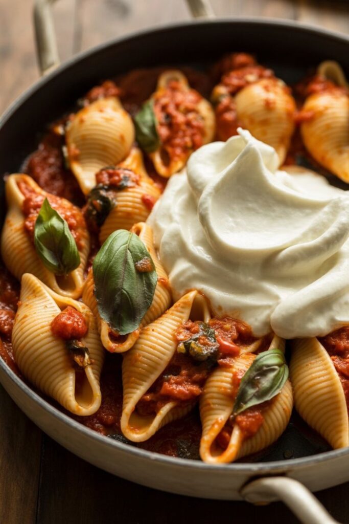 Unstuffed Spicy Tomato Basil Shells with Whipped Ricotta