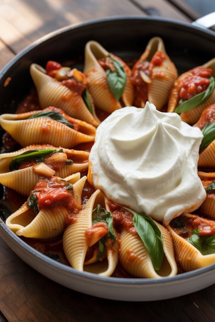 Unstuffed Spicy Tomato Basil Shells with Whipped Ricotta