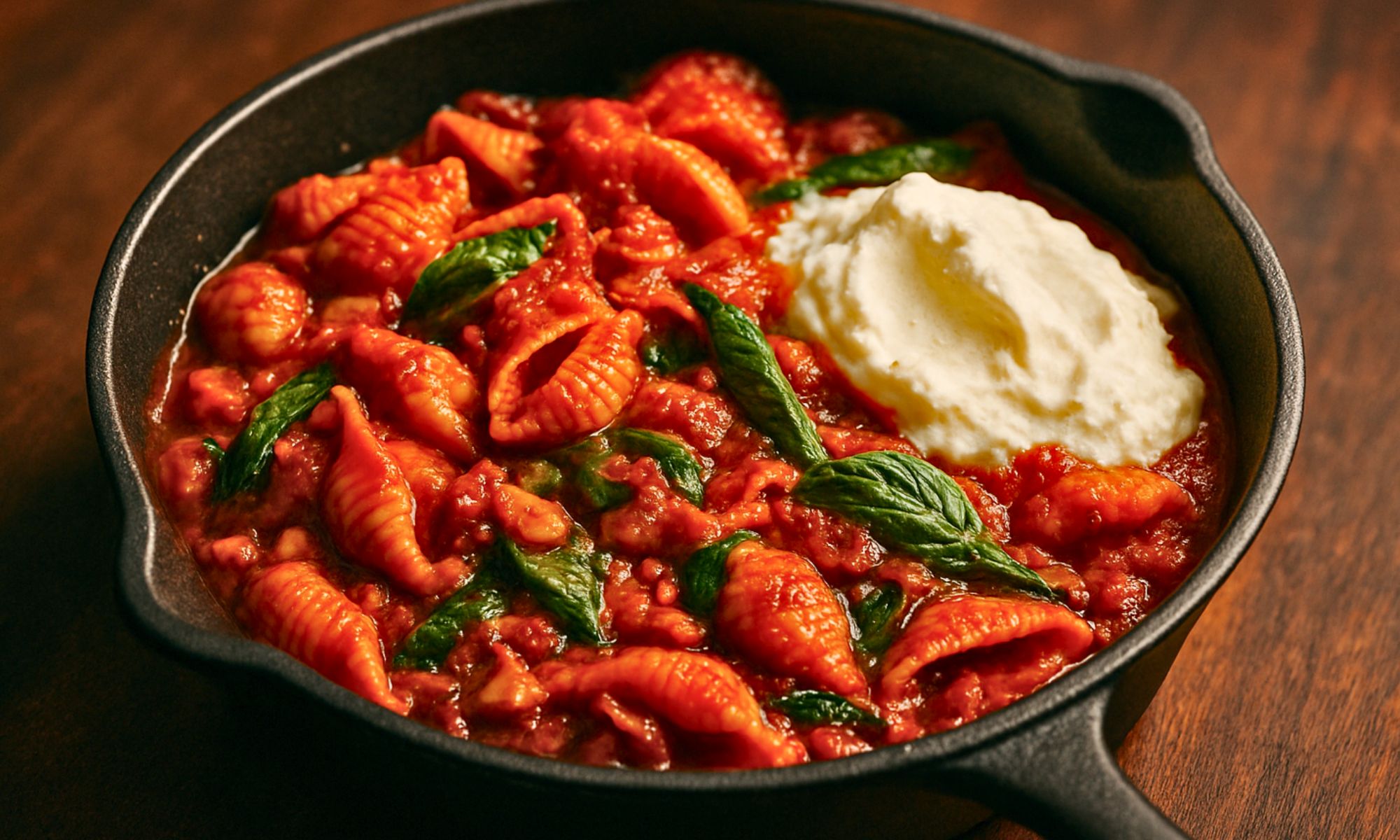 Unstuffed Spicy Tomato Basil Shells with Whipped Ricotta