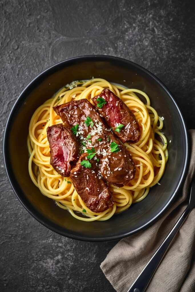 Beef with Pasta in Creamy Garlic Sauce