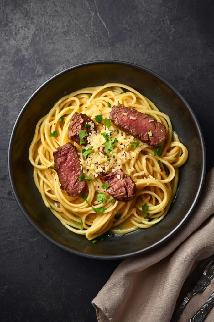 Beef with Pasta in Creamy Garlic Sauce