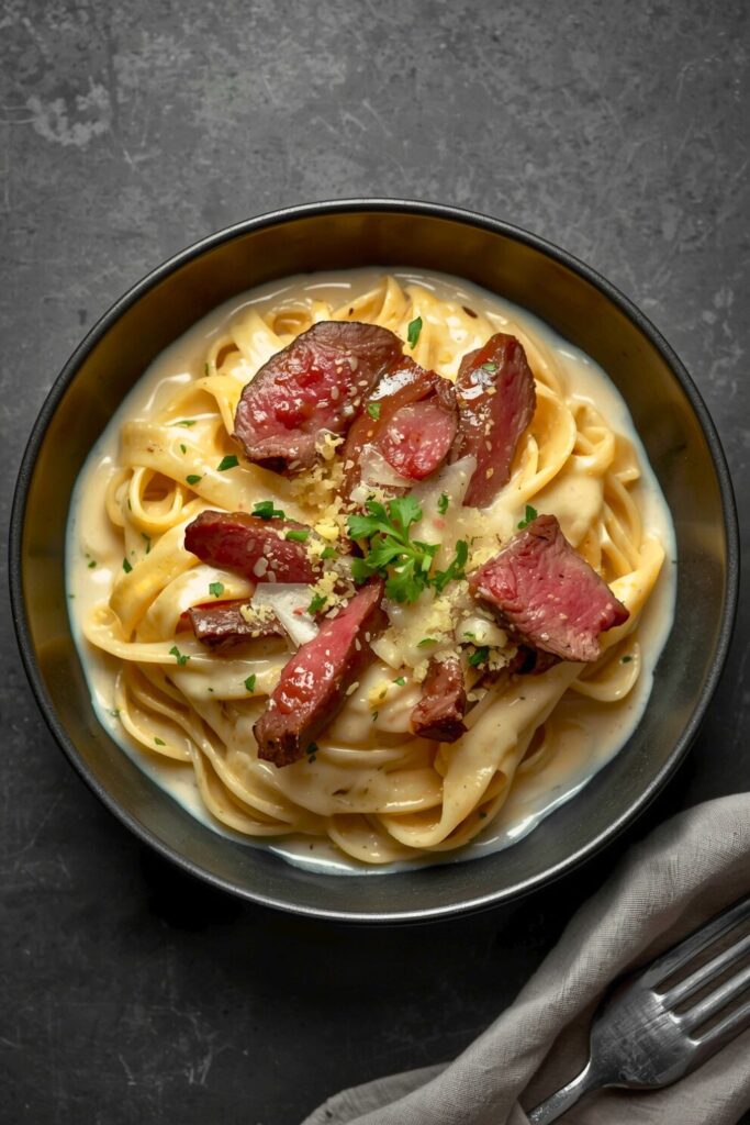 Beef with Pasta in Creamy Garlic Sauce