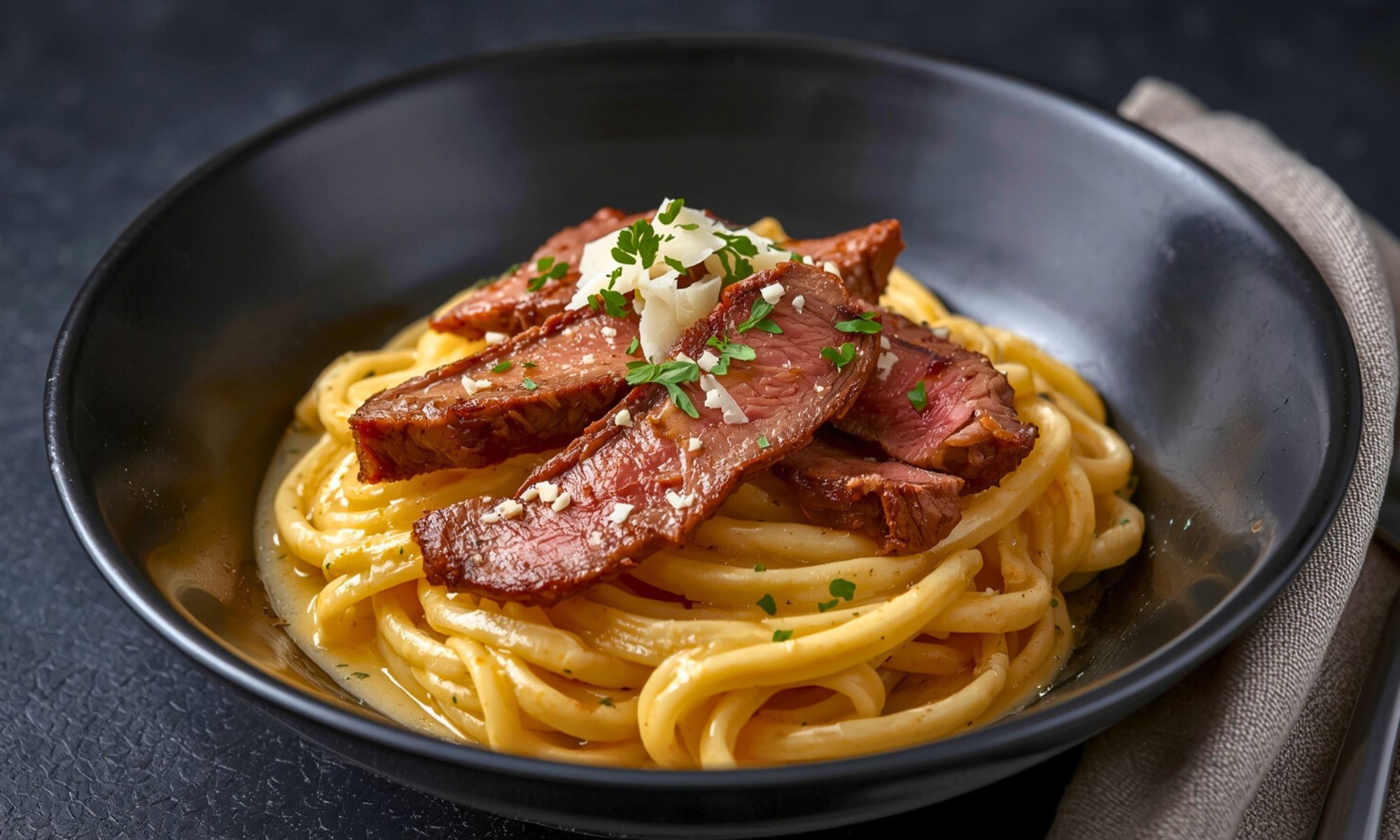 Beef with Pasta in Creamy Garlic Sauce