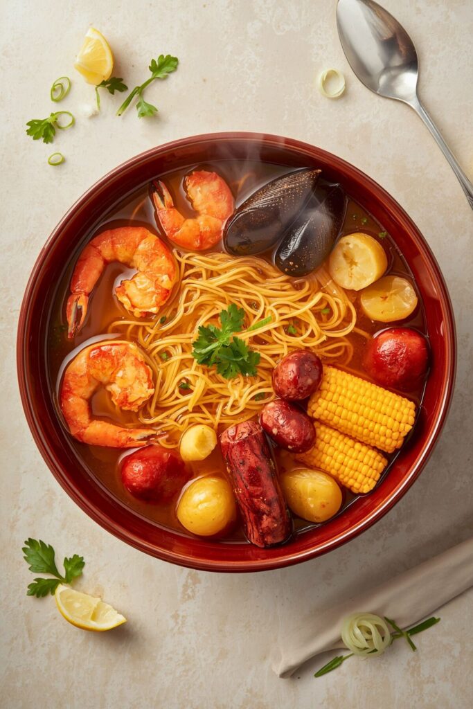 A steaming bowl of seafood boil ramen filled with shrimp, crab legs, corn, and noodles in a spicy Cajun broth, garnished with herbs.