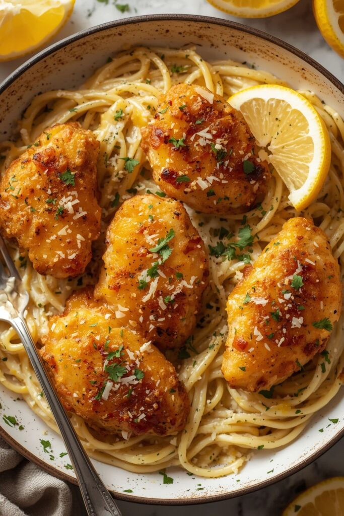 Golden Garlic Chicken Bites Over Creamy Parmesan Pasta